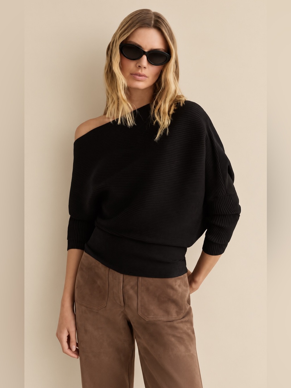 REISS The Lorna Asymmetric Draped Knitted Women Top-Luxurious stretch ✨